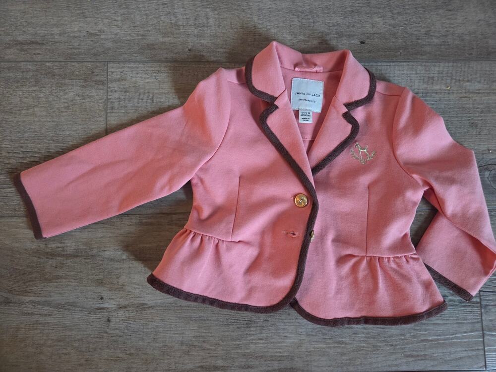 Janie and Jack Pink Peplum Blazer Jacket Gold Dog Crest 12-18 Months Equestrian